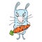Bunny cartoon, vector hand drawing. Funny painted rabbit with a carrot in the paws, isolated on white background