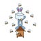 Bunny collects honey from bees. Children\\\'s illustration in cartoon style.