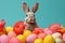 Bunny among colorful eggs and bright flowers. The concept is a playful Easter celebration.