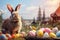 Bunny Delight Oasis: Fluffy Easter Rabbit Immersed in a Haven of Vibrant Eggs. Generative AI