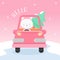 Bunny drives a pickup truck carrying a Christmas tree