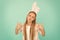 Bunny ears accessory. Easter activities. Cute bunny. Holiday bunny girl posing with cute long ears. Child smiling play