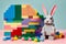 Bunny with Easter eggs made of kids toy bricks. Colorful and funny Easter festive card. Generative Ai