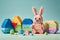 Bunny with Easter eggs made of kids toy bricks. Colorful and funny Easter festive card. Generative Ai