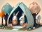 Bunny family and house geometric graphic illustration. Cute parents animal modern cartoon art. Generative AI