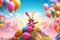 Bunny floating among colorful Easter balloons in the sky, with fluffy clouds and a backdrop of a vibrant sunrise, symbolizing the