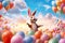 Bunny floating among colorful Easter balloons in the sky, with fluffy clouds and a backdrop of a vibrant sunrise, symbolizing the