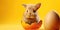 Bunny hatching from Easter egg on yellow background.