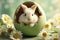 A bunny inside an Easter egg surrounded by daisies on a soft green background.