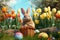 A bunny nestled in a lush meadow adorned with daffodils, tulips, and colorful Easter baskets, evoking a sense of serenity and the