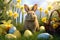A bunny nestled in a lush meadow adorned with daffodils, tulips, and colorful Easter baskets, evoking a sense of serenity and the