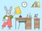 Bunny with notebook, papers in chemical cabinet, chemistry lesson, bulb flask with liquid at table