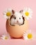 Bunny peeking from an Easter egg among daisies