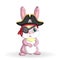 Bunny pirate, cartoon character of the game, wild animal rabbit in a bandana and a cocked hat with a skull, with an eye