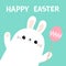 Bunny rabbit head face in the corner holding pink painting egg on stick. Waving paw print hand. Happy Easter. Cute cartoon kawaii