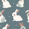 Bunny Rabbit Pattern, Minimalist Easter Textile, Retro Pet and Animal Art, Blue Background