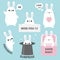 Bunny rabbit sticker emotion emoji icon set. Miss you. Hi. Good night, love you. Funny head face. Cute cartoon character. Magic ha