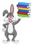Bunny rabbit wearing glasses holding stack of books