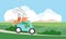 Bunny rabbits ride scooter in summer green rural landscape, cute funny animals travel