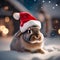 A bunny in a Santa hat exploring a winter wonderland filled with twinkling lights3