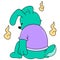 The bunny is sitting with a sad face mourning, doodle icon image kawaii