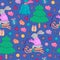 Bunny on a sled and elements of christmas decor pattern