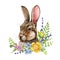Bunny with spring flowers decoration. Watercolor illustration. Spring easter symbol. Cute fluffy rabbit with bright