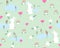 Bunny with spring flowers seamless pattern on green background. Cute childlike style holiday background. Design for