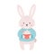 Bunny in sweater with coffee cup or Christmas drink. Merry Christmas and Happy New Year. Year of the Rabbit. Vector illustration