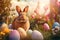 Bunny Utopia: Adorable Easter Rabbit in a Tranquil Landscape of Vibrant Eggs. Generative AI