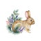 Bunny wintertime floral decoration. Watercolor illustration. Hand drawn cute small rabbit with pine branches, eucalyptus