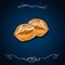 Buns sketch. Vector illustration, cartoon flat one piece of baked bread isolated on blue background. Hot toast. A toasted piece of