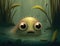 A Bunyip peers out from the depths of a murky lake its cheerful eyes begging for a hug. Cute creature. AI generation