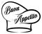 Buon Appetito vector lettering in black. With chef hat. White isolated background.