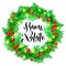 Buon Natale Italian Merry Christmas holiday hand drawn calligraphy text for greeting card of wreath decoration and Christmas light