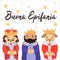Buona Epifania - Italian translation: Happy Epiphany. Cute cartoon Three Kings prince character with the beard and crown holding