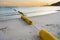 Buoyancy on the beach, sign warning dangerous