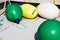 Buoys on boat deck- green, yellow, white