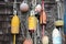 Buoys hanging on weathered wall with netting