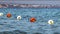 Buoys on the surface of the water. Depth marks. View from the sea