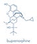 Buprenorphine opioid addiction and pain killer drug molecule. Skeletal formula.