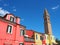 Burano, Venezia, Italy. Colorful houses in Burano island and the famous crooked bell tower