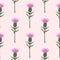 Burdock flower silouettes seamless pattern. Pink buds with green stems on light soft pink background
