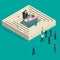 Bureaucrat in the maze. People stand in a queue. Bureaucracy concept. Flat 3d vector isometric illustration.