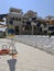 BURGAS AQUA PARK, BULGARY - 07.2019. Children`s slides in a park of different colors with a descent into the pool with