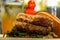 Burger with artificially grown meat from herbal ingredients that imitate the taste of beef, close-up with a blurred depth of field