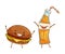Burger and bottle of soda drink characters having fun together. Perfect couple, friends forever cartoon vector
