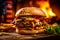 Burger with cheese, lettuce, sauce, cucumber and bacon on a wooden board, fire in the background