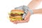 Burger cheeseburger in hands with measure tape