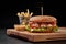 Burger with chicken patty, fried bacon, grated parmesan and vegetables with fries and aioli sauce